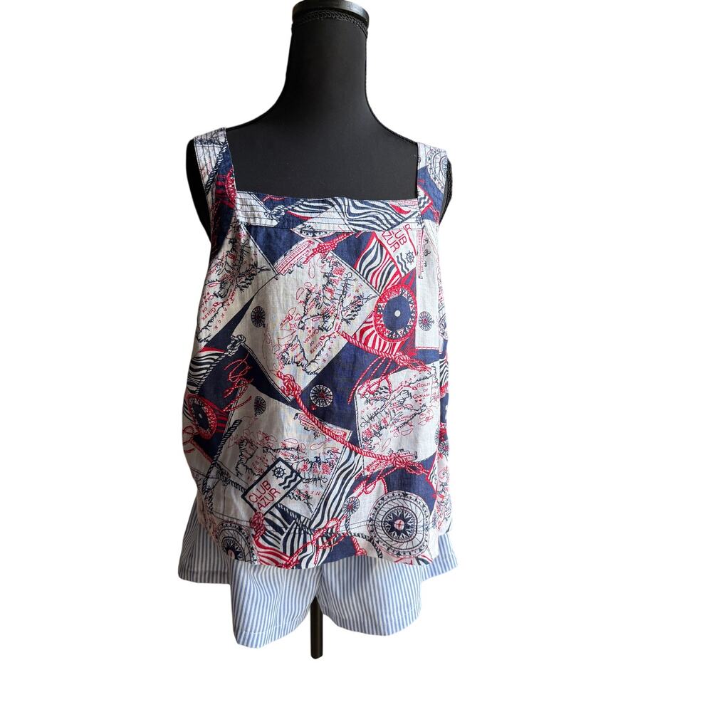 Talbots 100% Linen Nautical Tank Top Small Coastal Sailboat Map Print Tie Back
